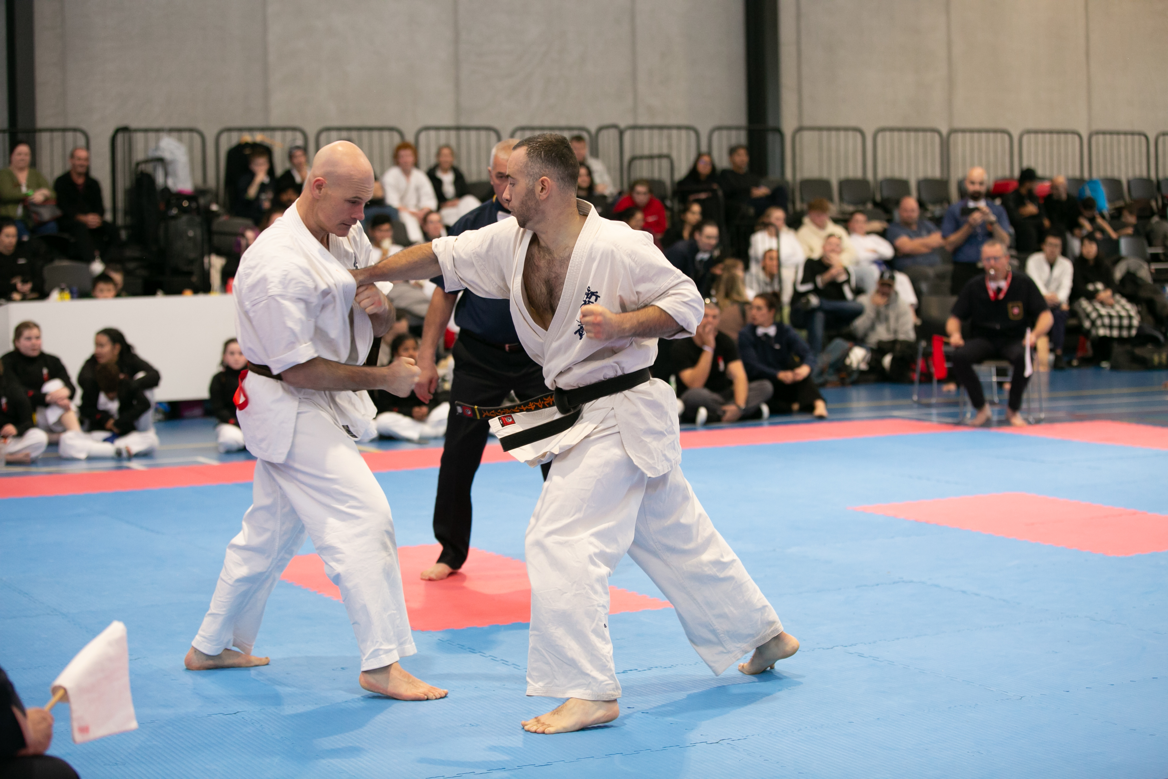 Two athletes training in a boxing ring